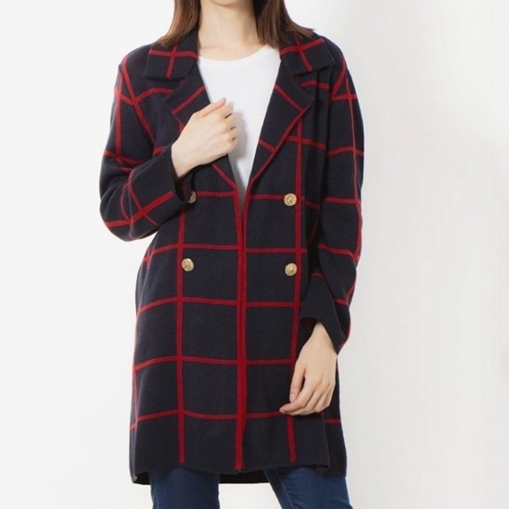 Anne Klein Navy and Red Women's Sweater Coat
